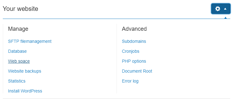 Select the domain, click the cogwheel icon and then web space
