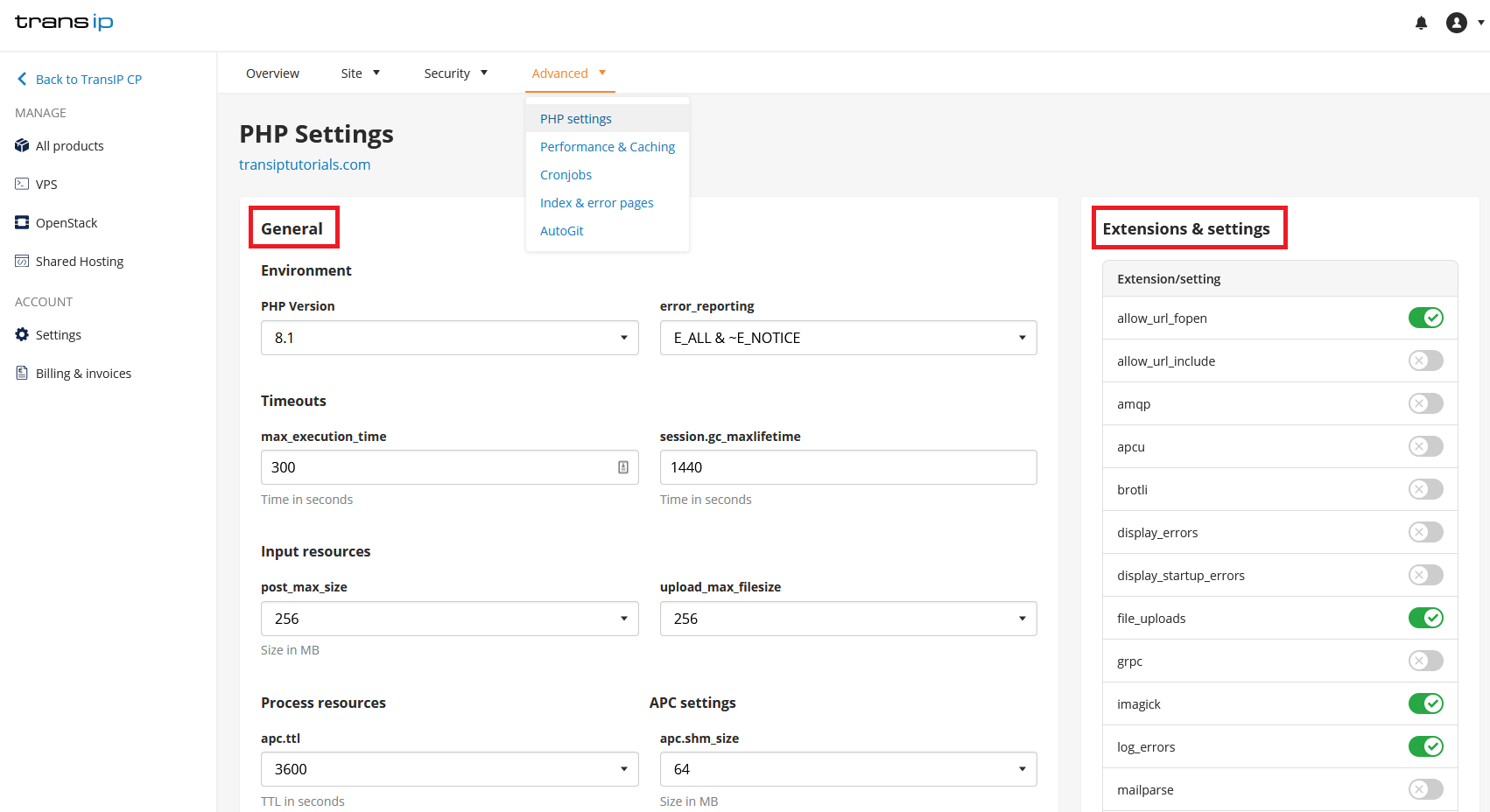 the php settings overview in the control panel