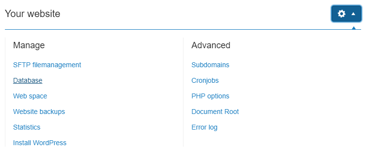 Select the domain, click the cogwheel icon and then database