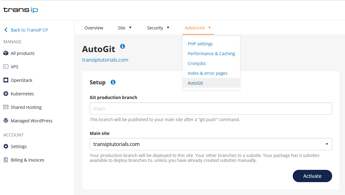 Navigate to the AutoGit page in the control panel via Advanced