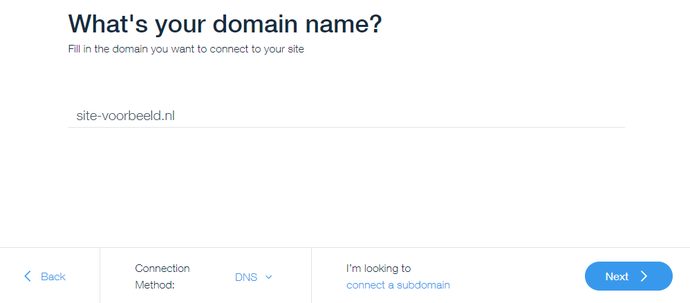 voer je domeinnaam in met connection method 'DNS'