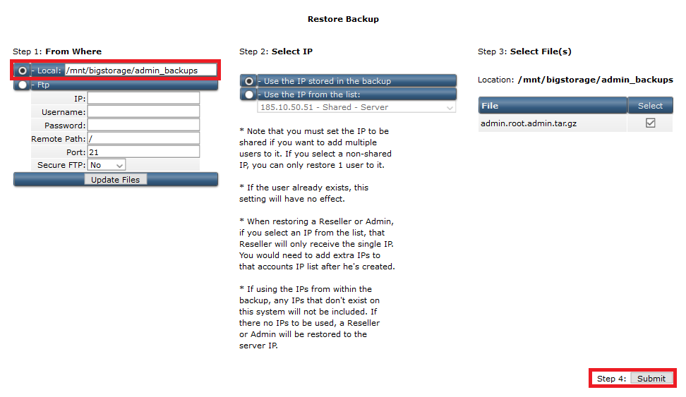 directadmin backup restore