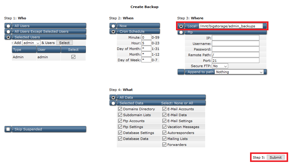 directadmin admin backup