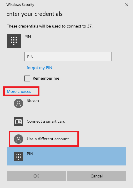 mstsc enter credentials options