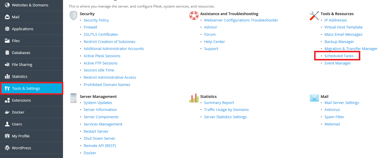 plesk tools and settings scheduled tasks