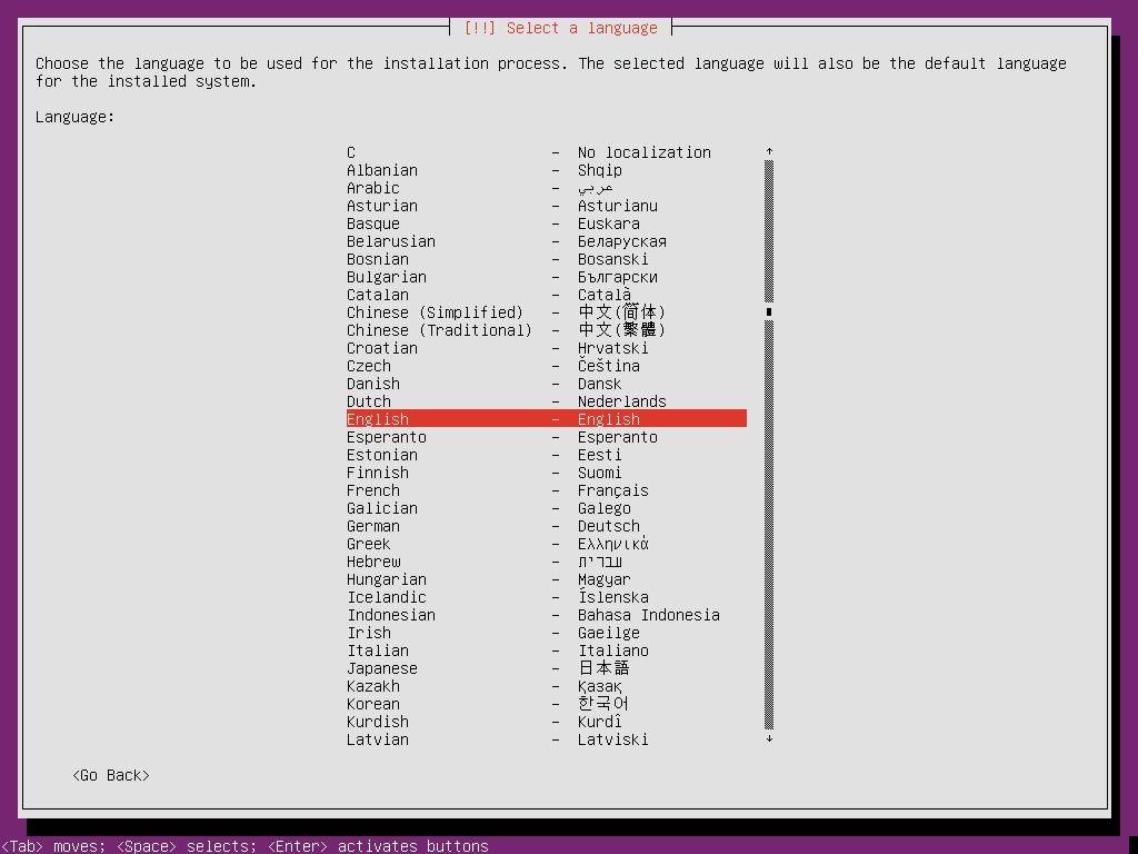 ubuntu 16 installation language selection