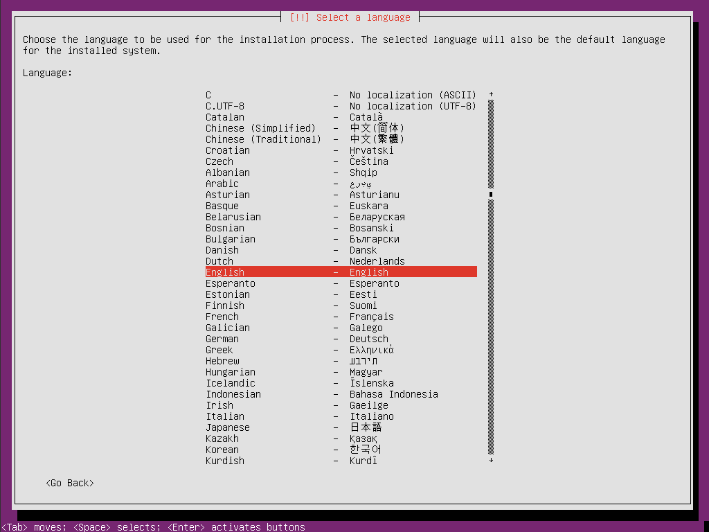 ubuntu 18 installation language selection
