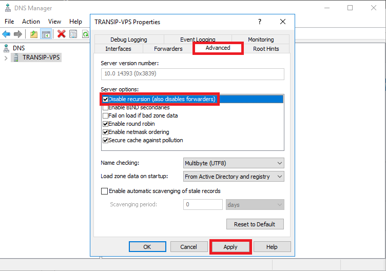 windows dns manager disable recursion