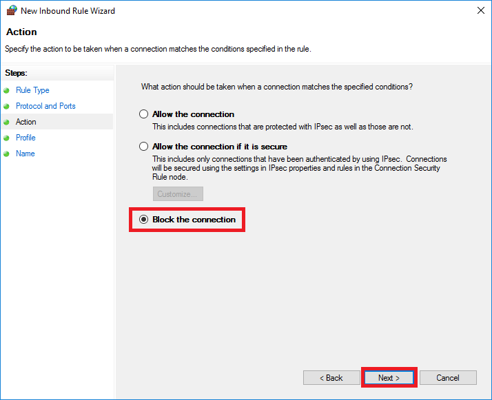 windows firewall new rule action block