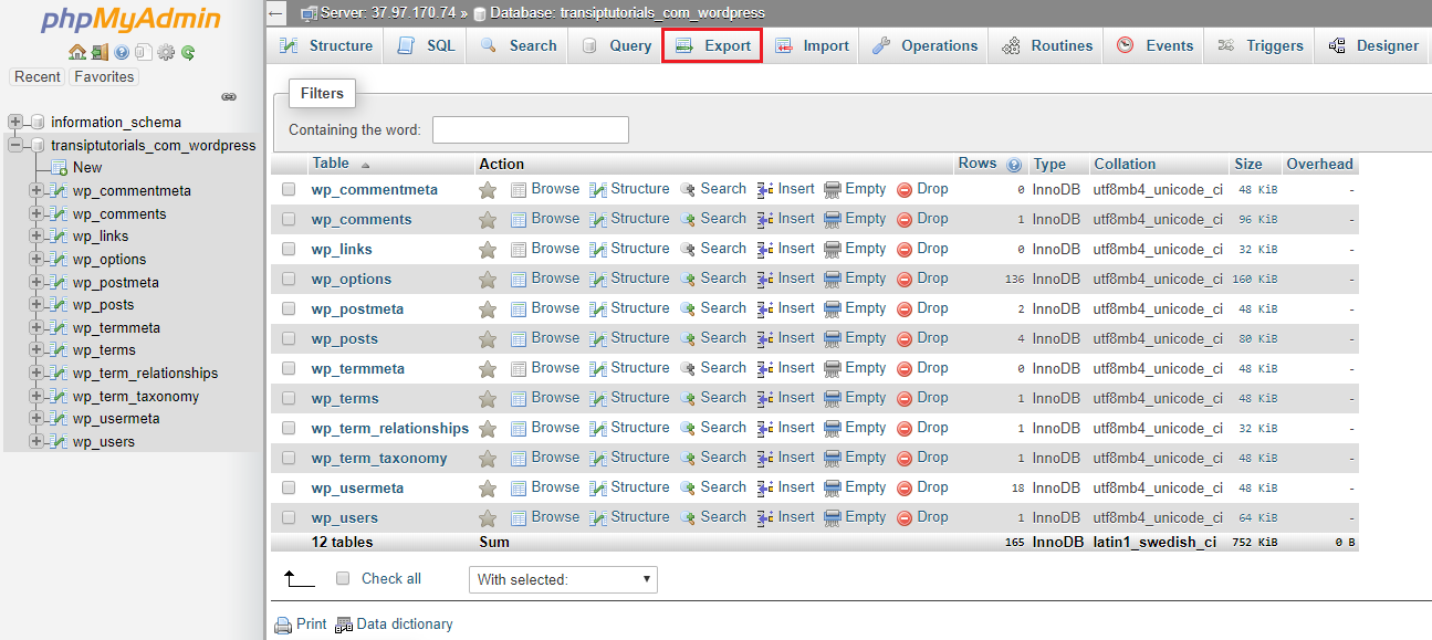 database overview in phpmyadmin