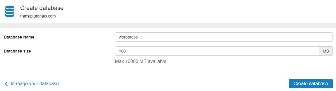 enter database name and size, click create database