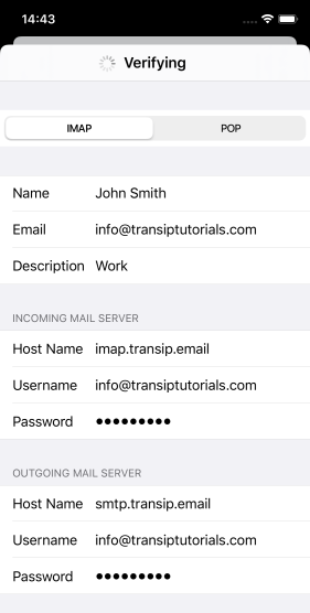 Enter incoming and outgoing email settings