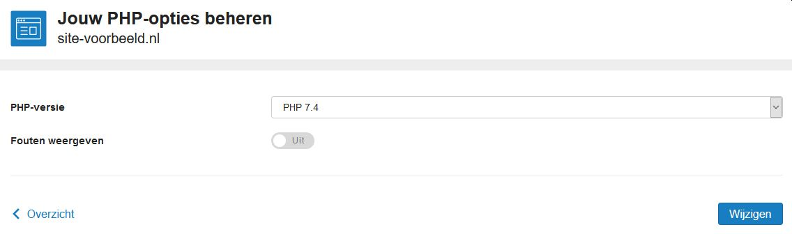 Hier zie je de PHP opties van jouw webhostingpakket terug